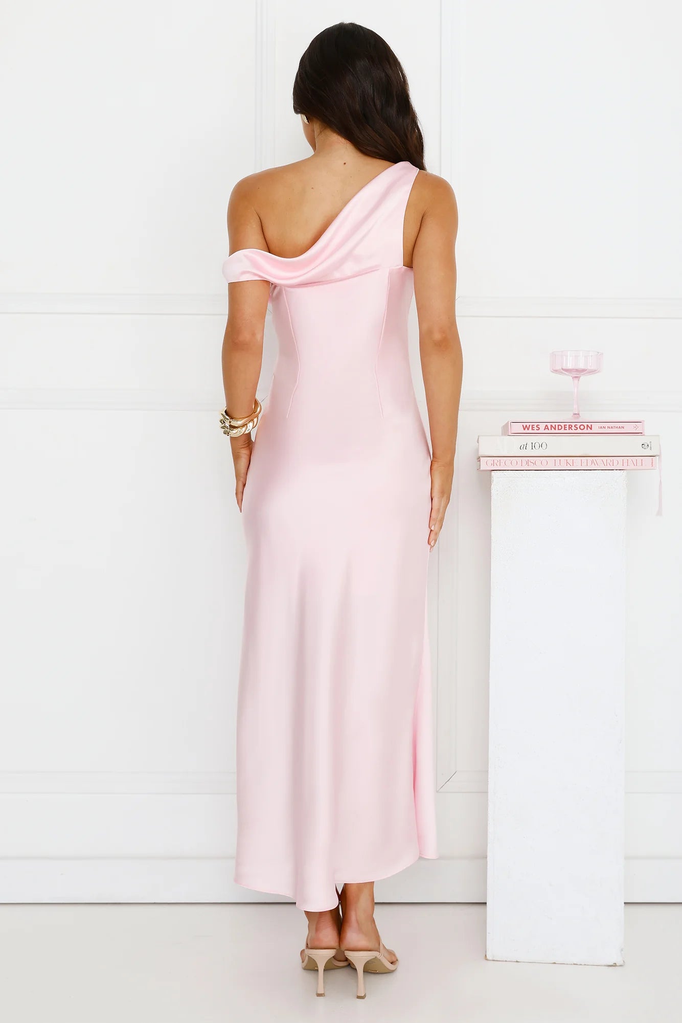 Stylish Season Off Shoulder Satin Midi Dress Pink